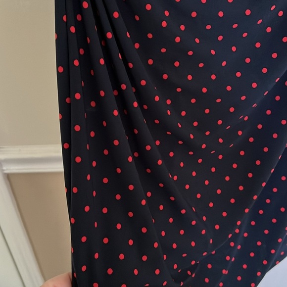 EVAN PICONE Navy Blue/Pink Polka Dot Sleeveless Midi Dress w/Rouching, Sz 8, GUC - Picture 7 of 10